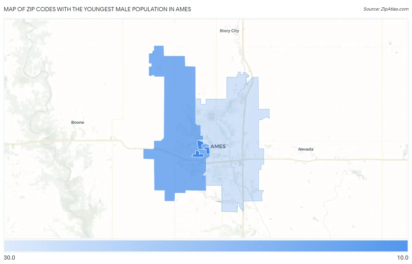 Zip Codes with the Youngest Male Population in Ames Map