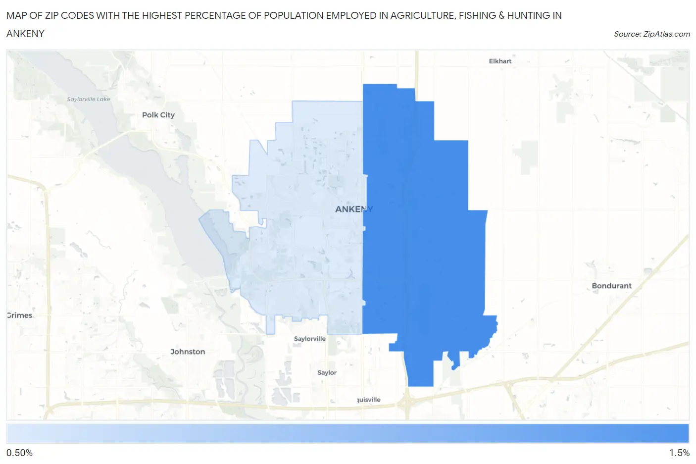 Zip Codes with the Highest Percentage of Population Employed in Agriculture, Fishing & Hunting in Ankeny Map