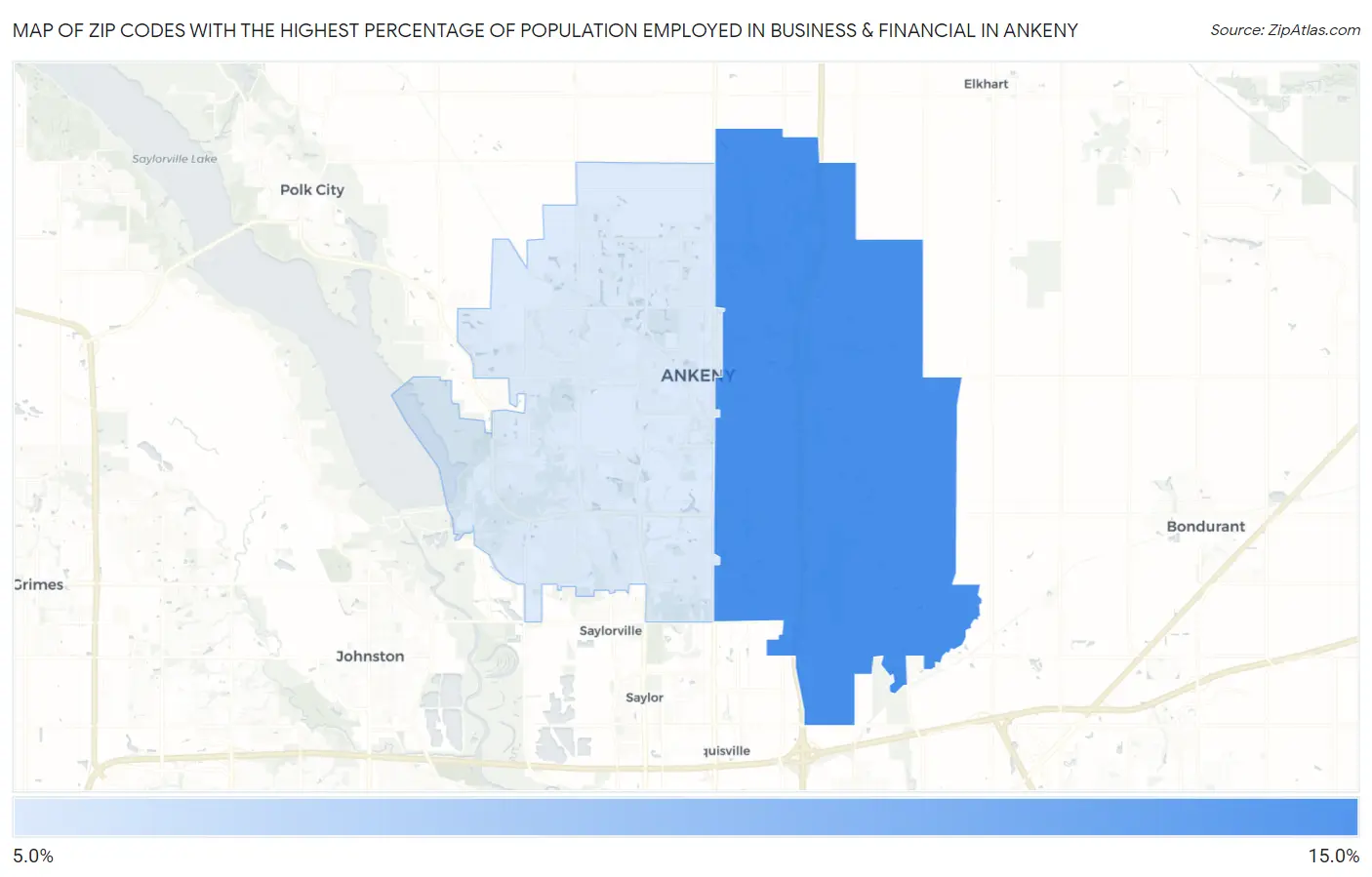 Zip Codes with the Highest Percentage of Population Employed in Business & Financial in Ankeny Map