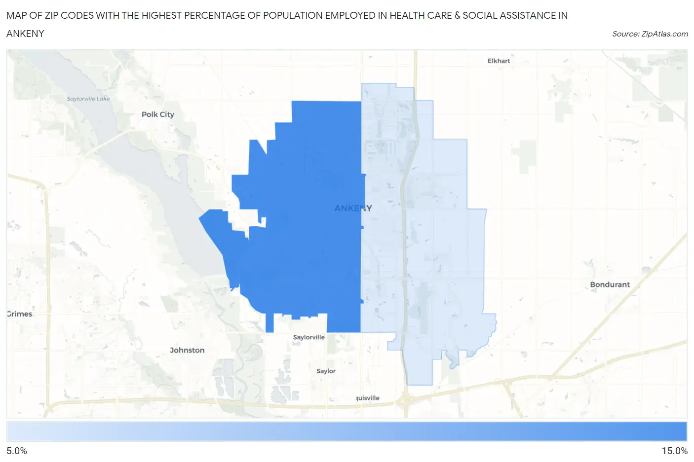 Zip Codes with the Highest Percentage of Population Employed in Health Care & Social Assistance in Ankeny Map