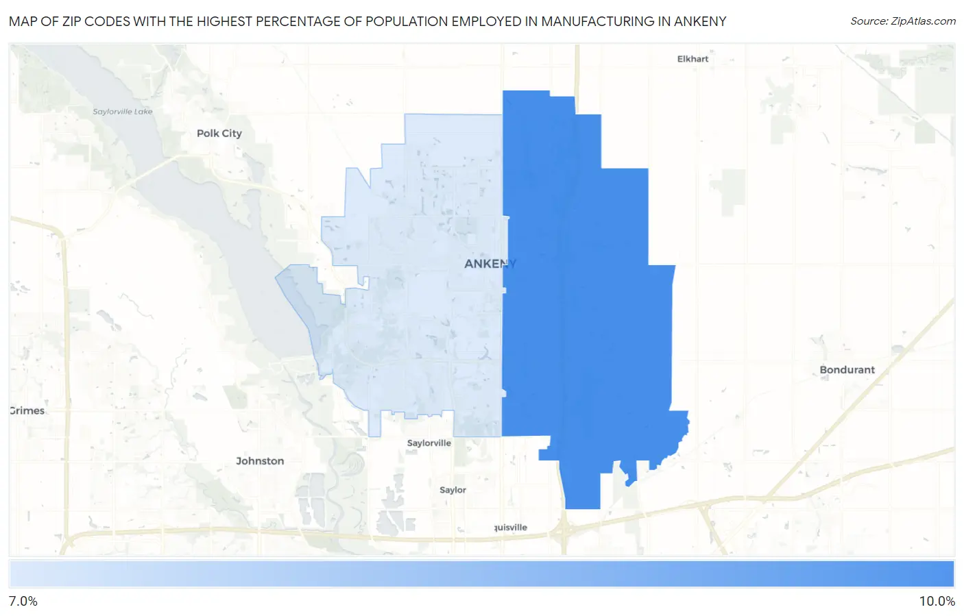 Zip Codes with the Highest Percentage of Population Employed in Manufacturing in Ankeny Map