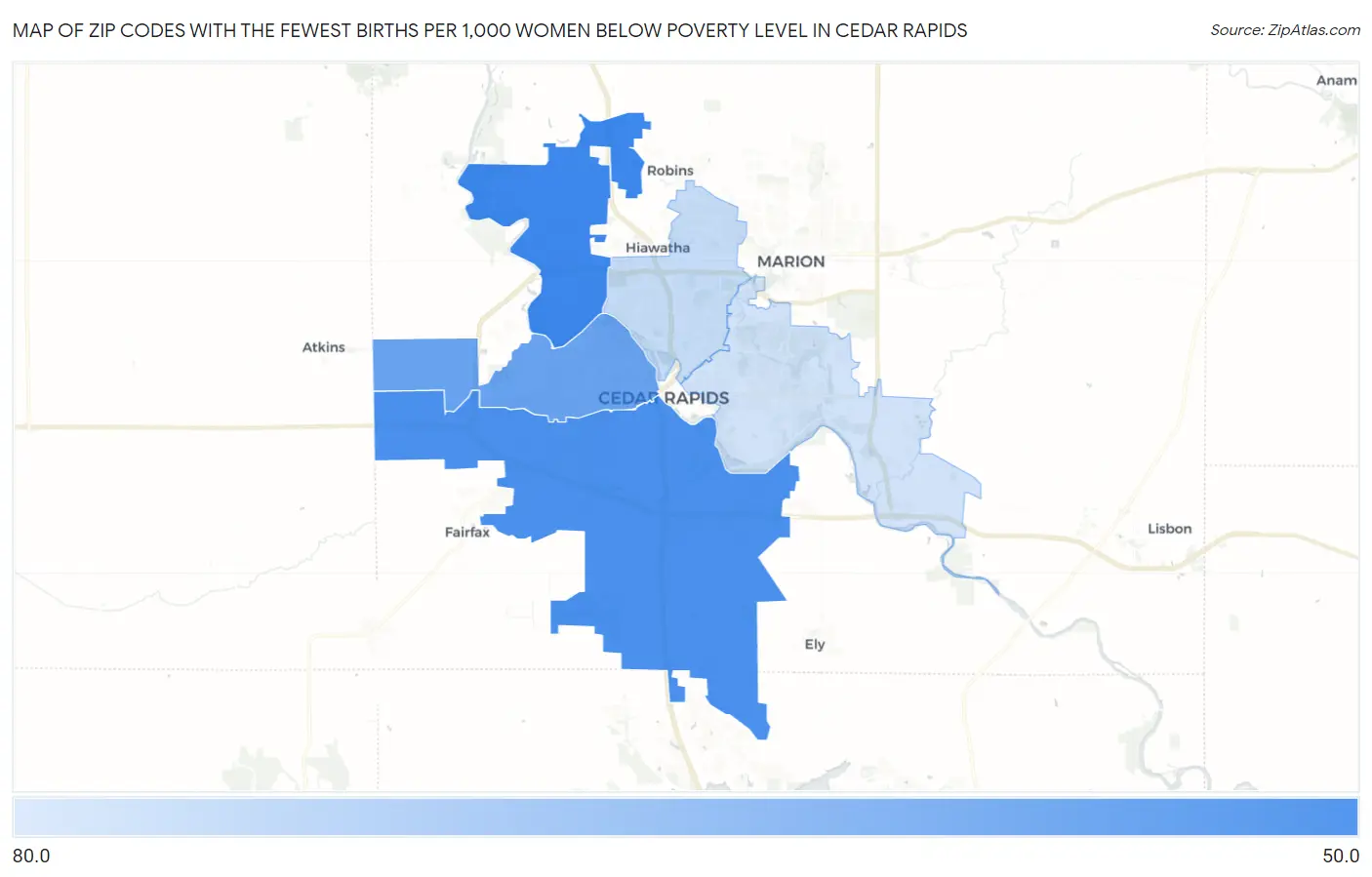 Zip Codes with the Fewest Births per 1,000 Women Below Poverty Level in Cedar Rapids Map