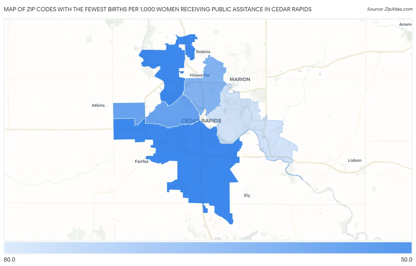 Zip Codes with the Fewest Births per 1,000 Women Receiving Public Assitance in Cedar Rapids Map