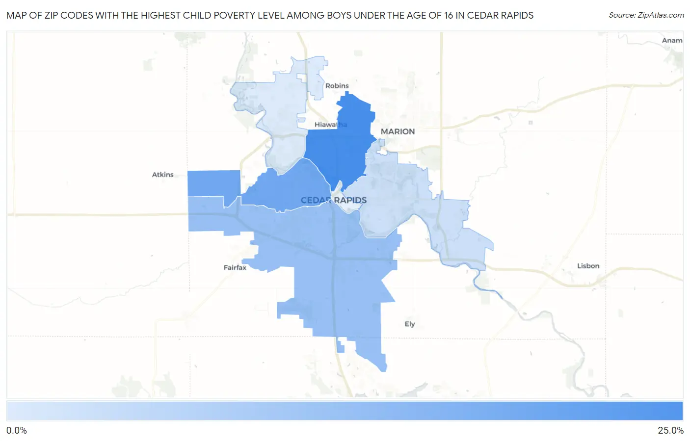 Zip Codes with the Highest Child Poverty Level Among Boys Under the Age of 16 in Cedar Rapids Map