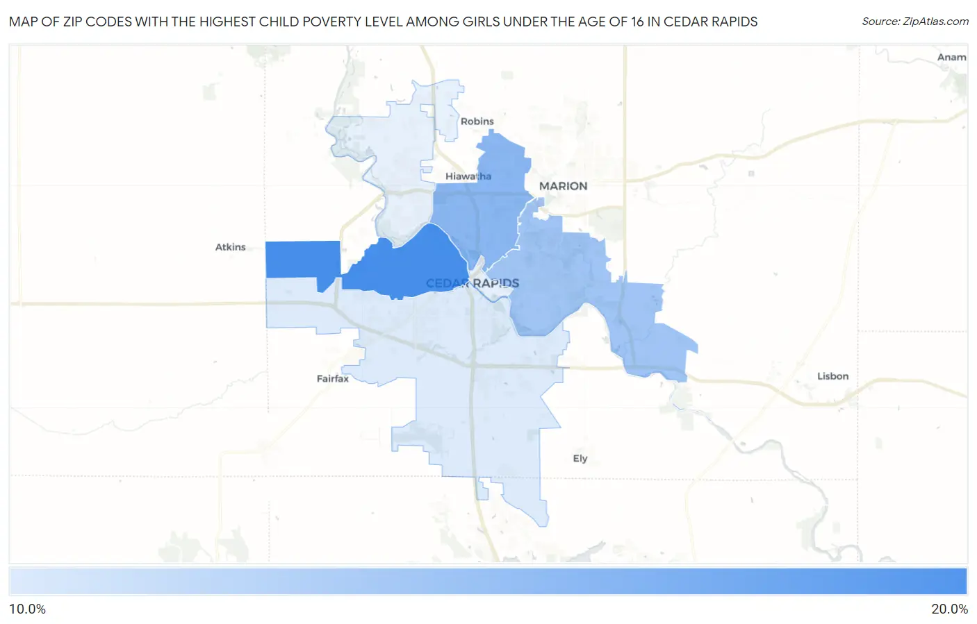 Zip Codes with the Highest Child Poverty Level Among Girls Under the Age of 16 in Cedar Rapids Map