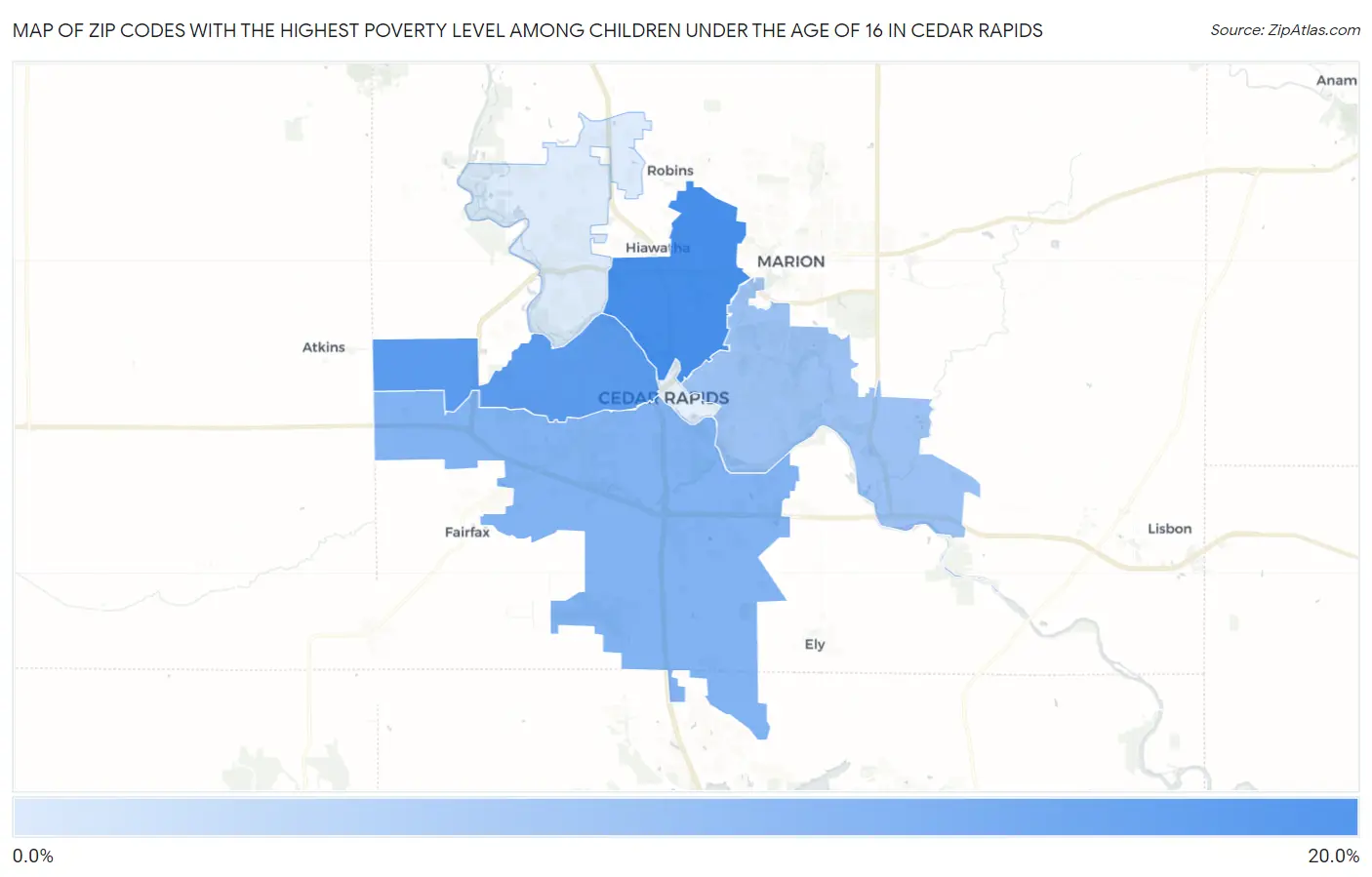 Zip Codes with the Highest Poverty Level Among Children Under the Age of 16 in Cedar Rapids Map