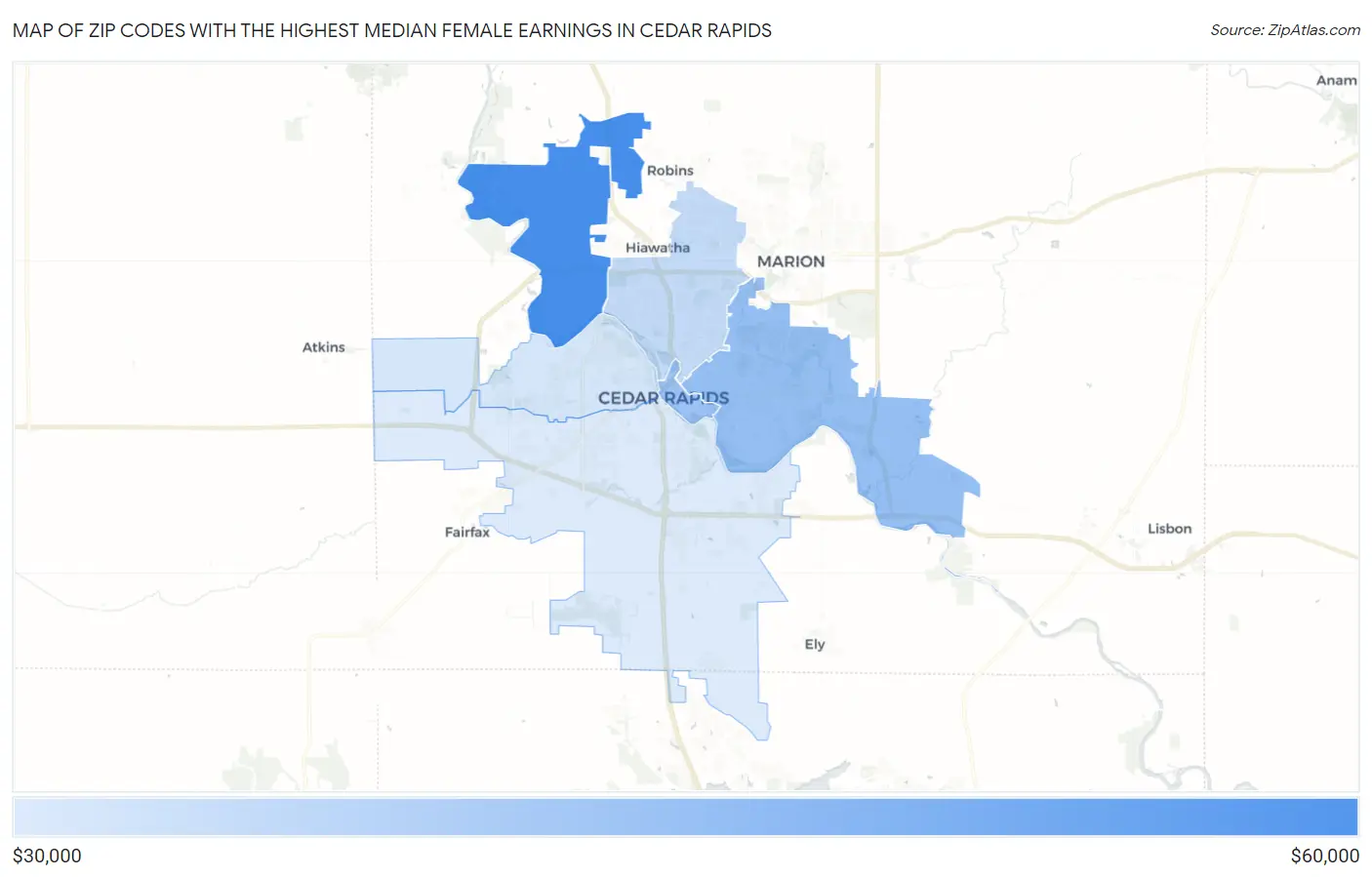 Zip Codes with the Highest Median Female Earnings in Cedar Rapids Map