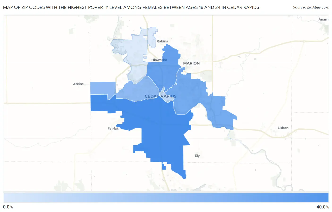 Zip Codes with the Highest Poverty Level Among Females Between Ages 18 and 24 in Cedar Rapids Map