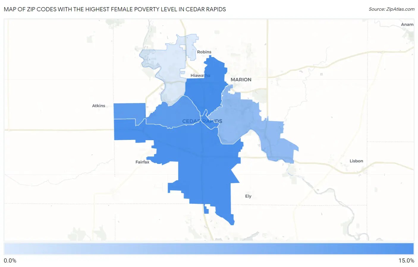 Zip Codes with the Highest Female Poverty Level in Cedar Rapids Map
