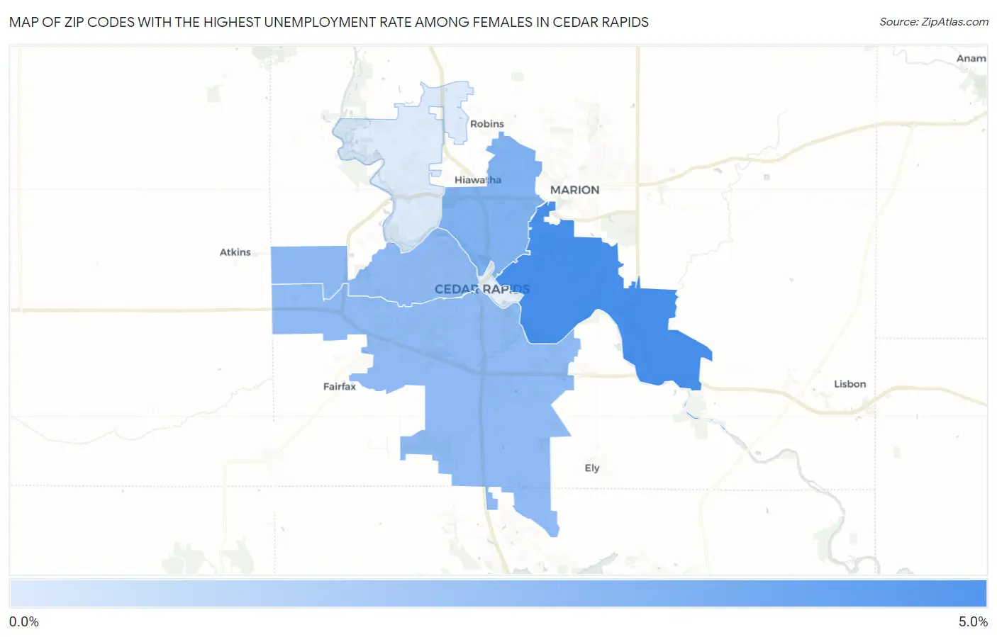 Zip Codes with the Highest Unemployment Rate Among Females in Cedar Rapids Map