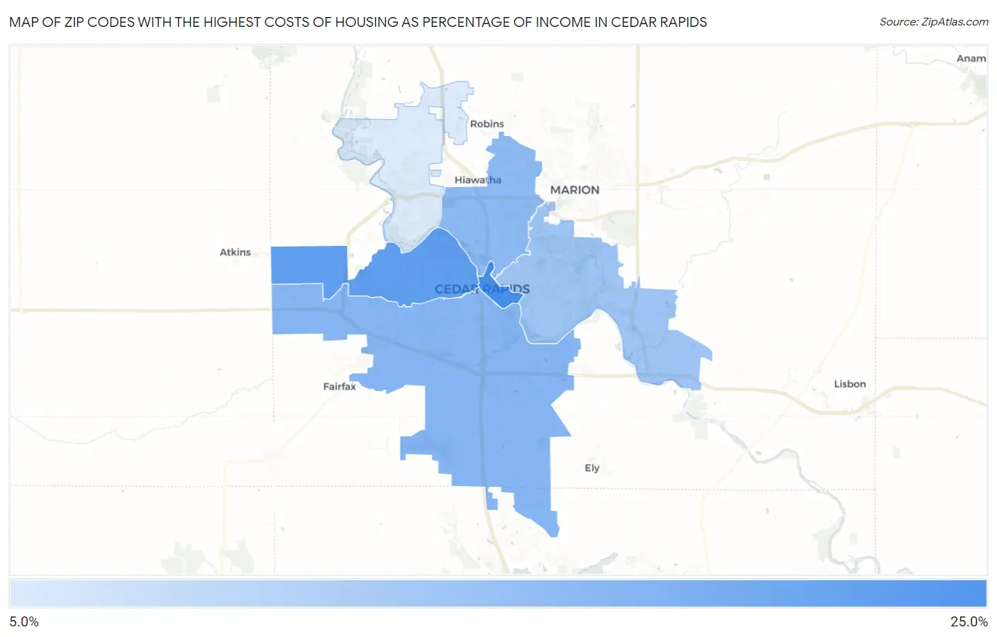 Zip Codes with the Highest Costs of Housing as Percentage of Income in Cedar Rapids Map