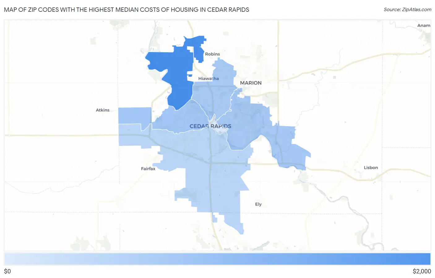 Zip Codes with the Highest Median Costs of Housing in Cedar Rapids Map