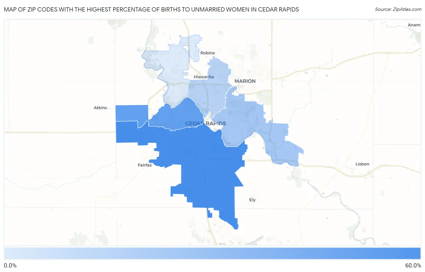 Zip Codes with the Highest Percentage of Births to Unmarried Women in Cedar Rapids Map