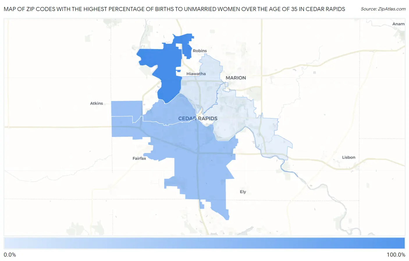 Zip Codes with the Highest Percentage of Births to Unmarried Women over the Age of 35 in Cedar Rapids Map
