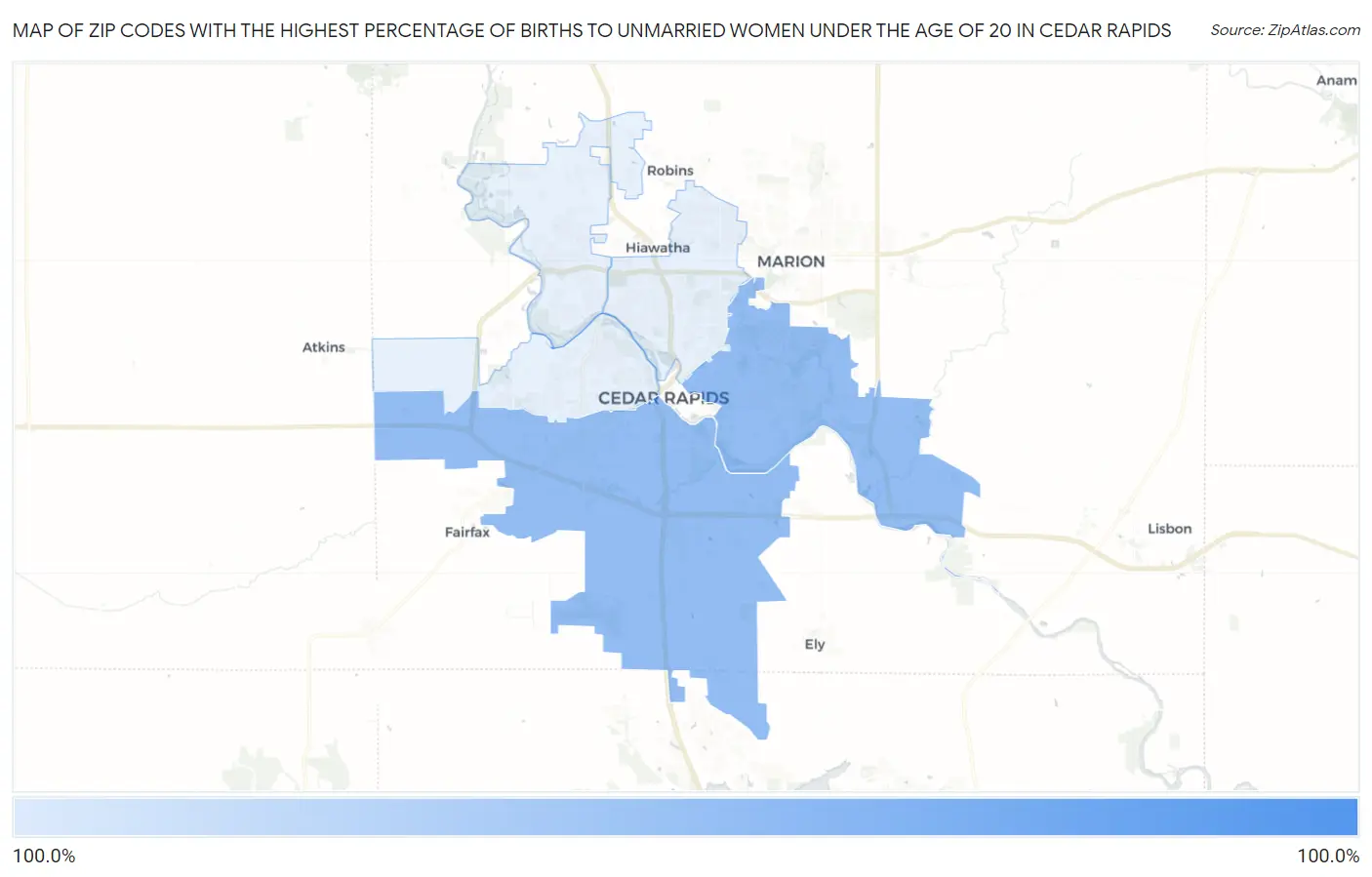 Zip Codes with the Highest Percentage of Births to Unmarried Women under the Age of 20 in Cedar Rapids Map