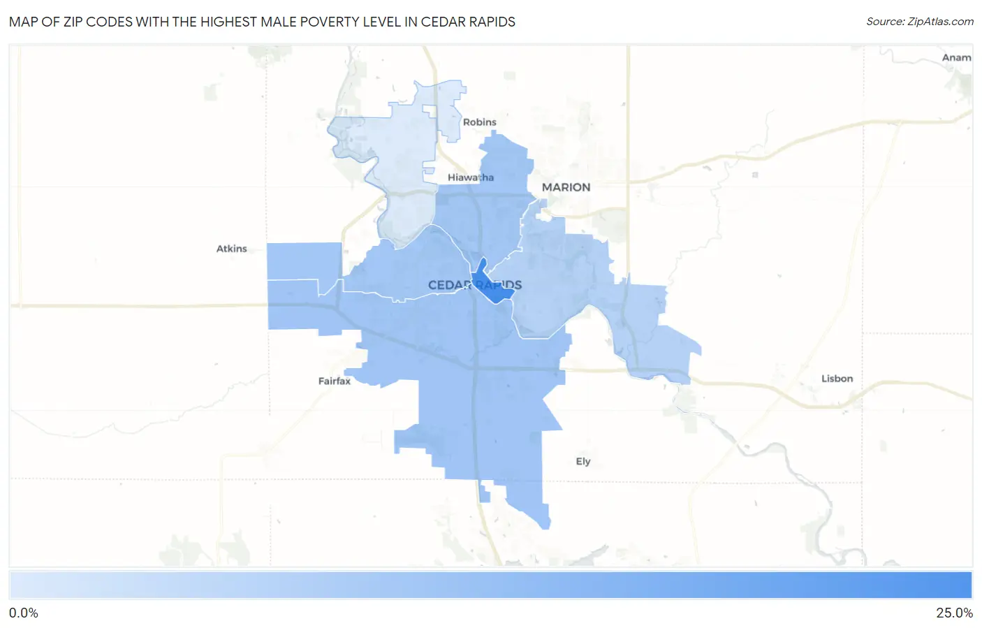 Zip Codes with the Highest Male Poverty Level in Cedar Rapids Map