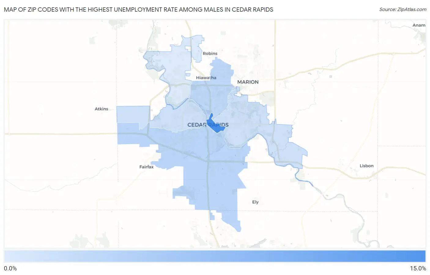 Zip Codes with the Highest Unemployment Rate Among Males in Cedar Rapids Map
