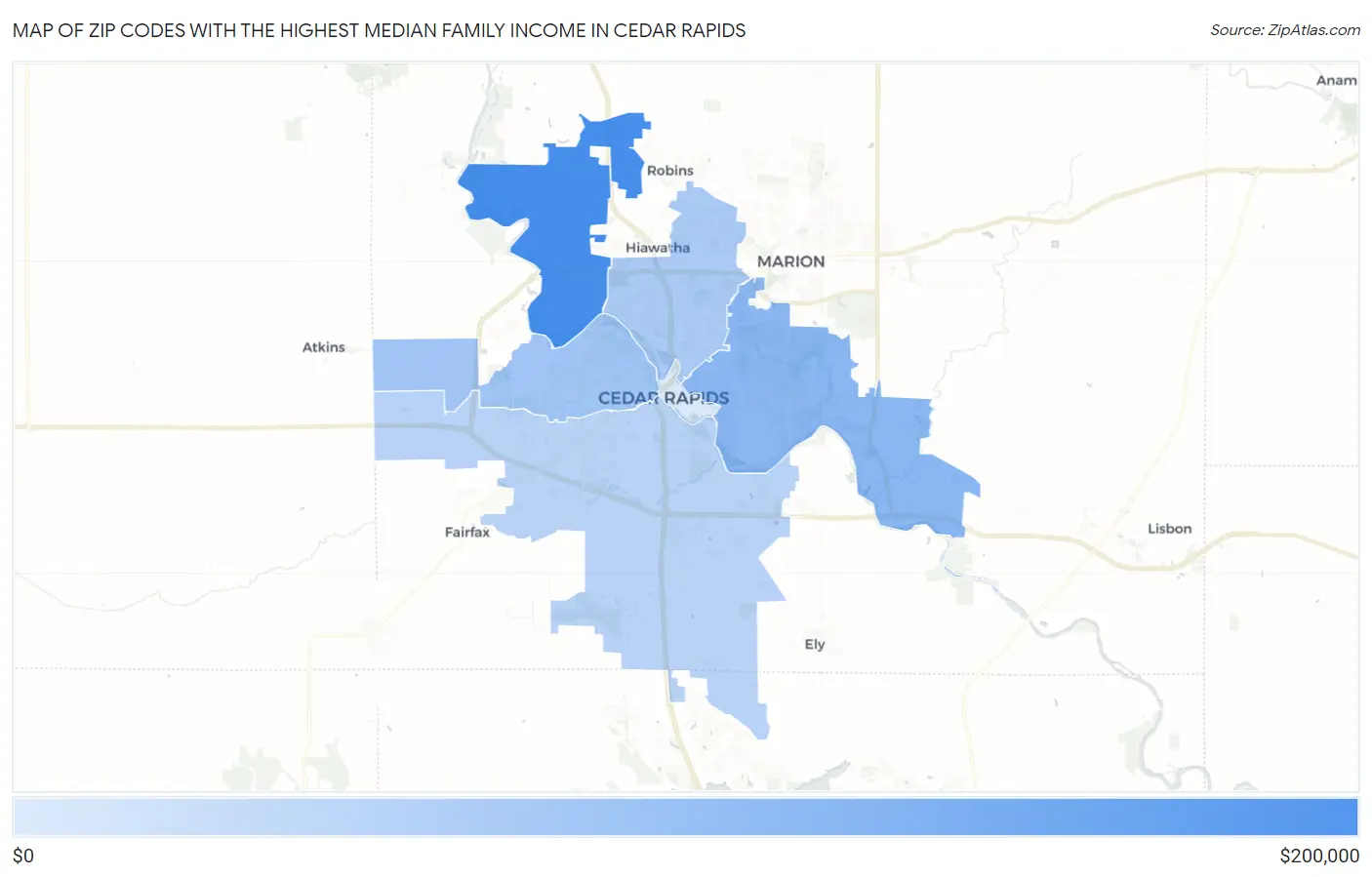 Zip Codes with the Highest Median Family Income in Cedar Rapids Map
