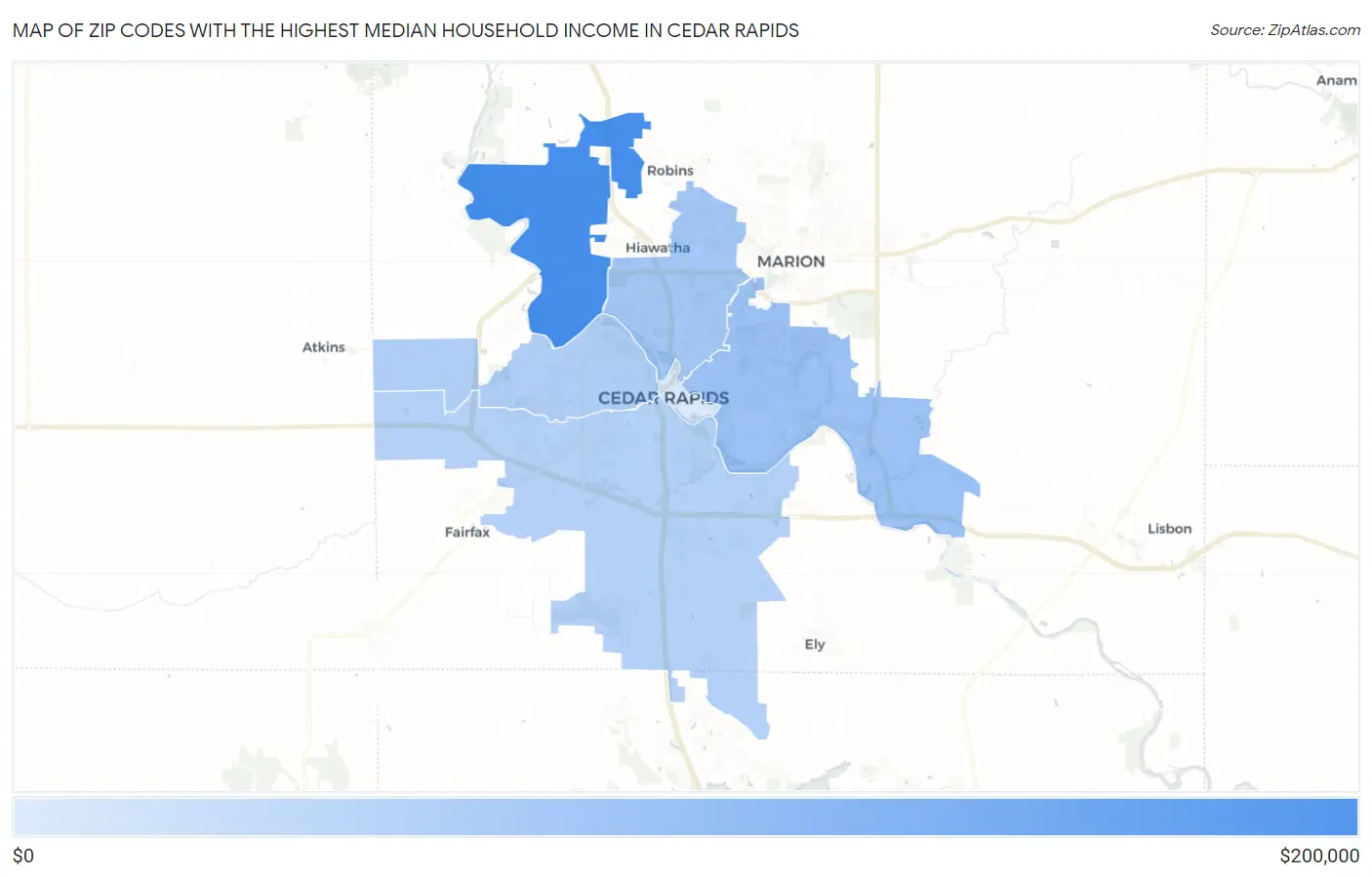 Zip Codes with the Highest Median Household Income in Cedar Rapids Map