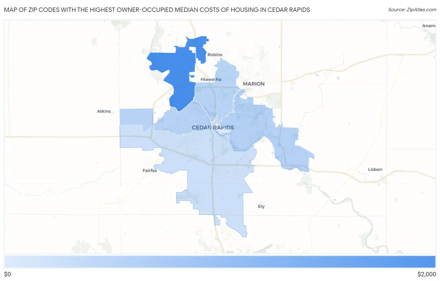 Zip Codes with the Highest Owner-Occupied Median Costs of Housing in Cedar Rapids Map