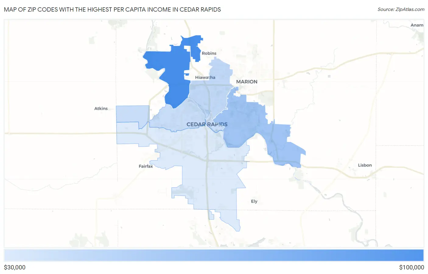Zip Codes with the Highest Per Capita Income in Cedar Rapids Map