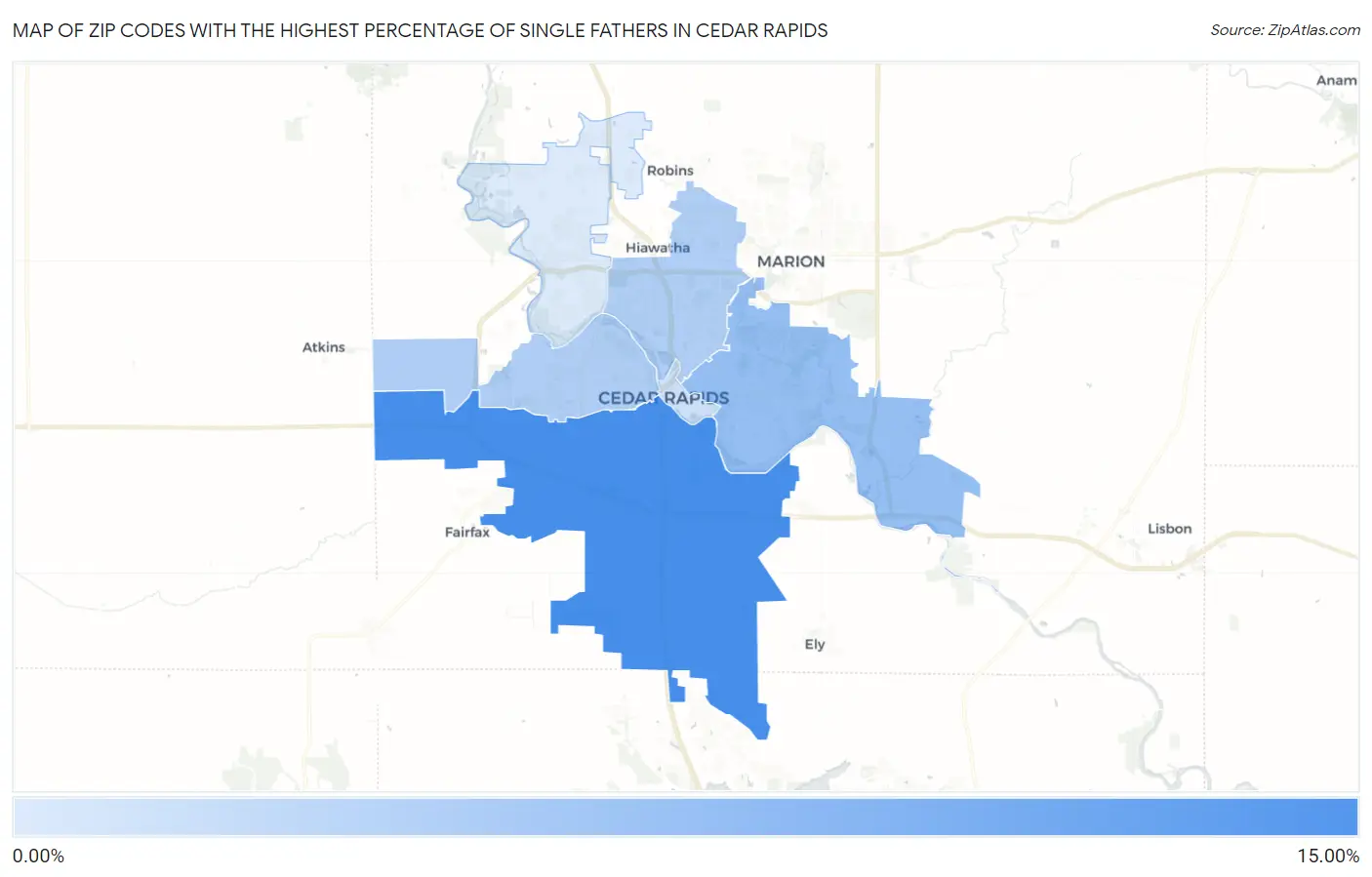 Zip Codes with the Highest Percentage of Single Fathers in Cedar Rapids Map
