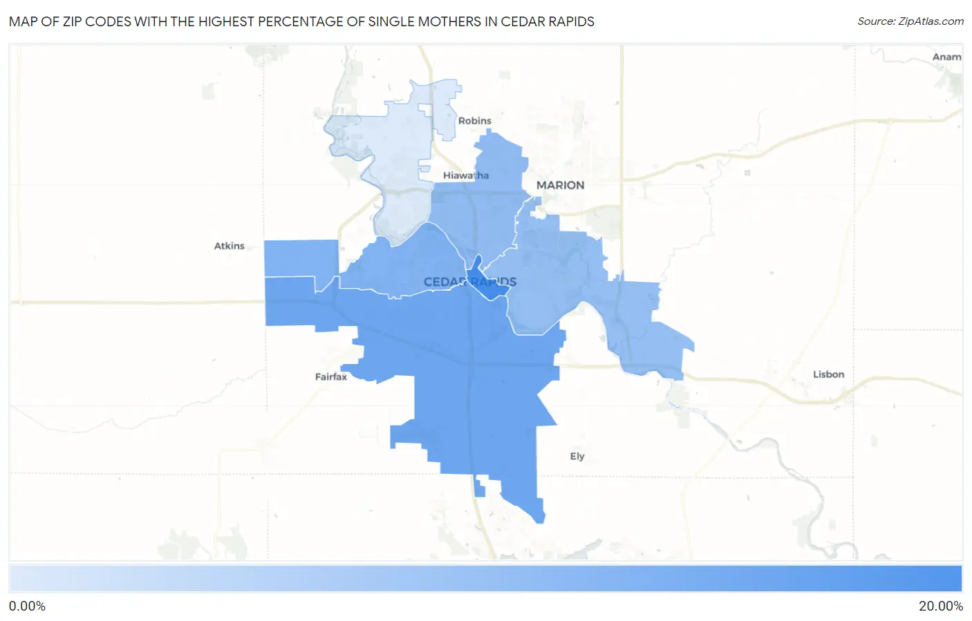 Zip Codes with the Highest Percentage of Single Mothers in Cedar Rapids Map