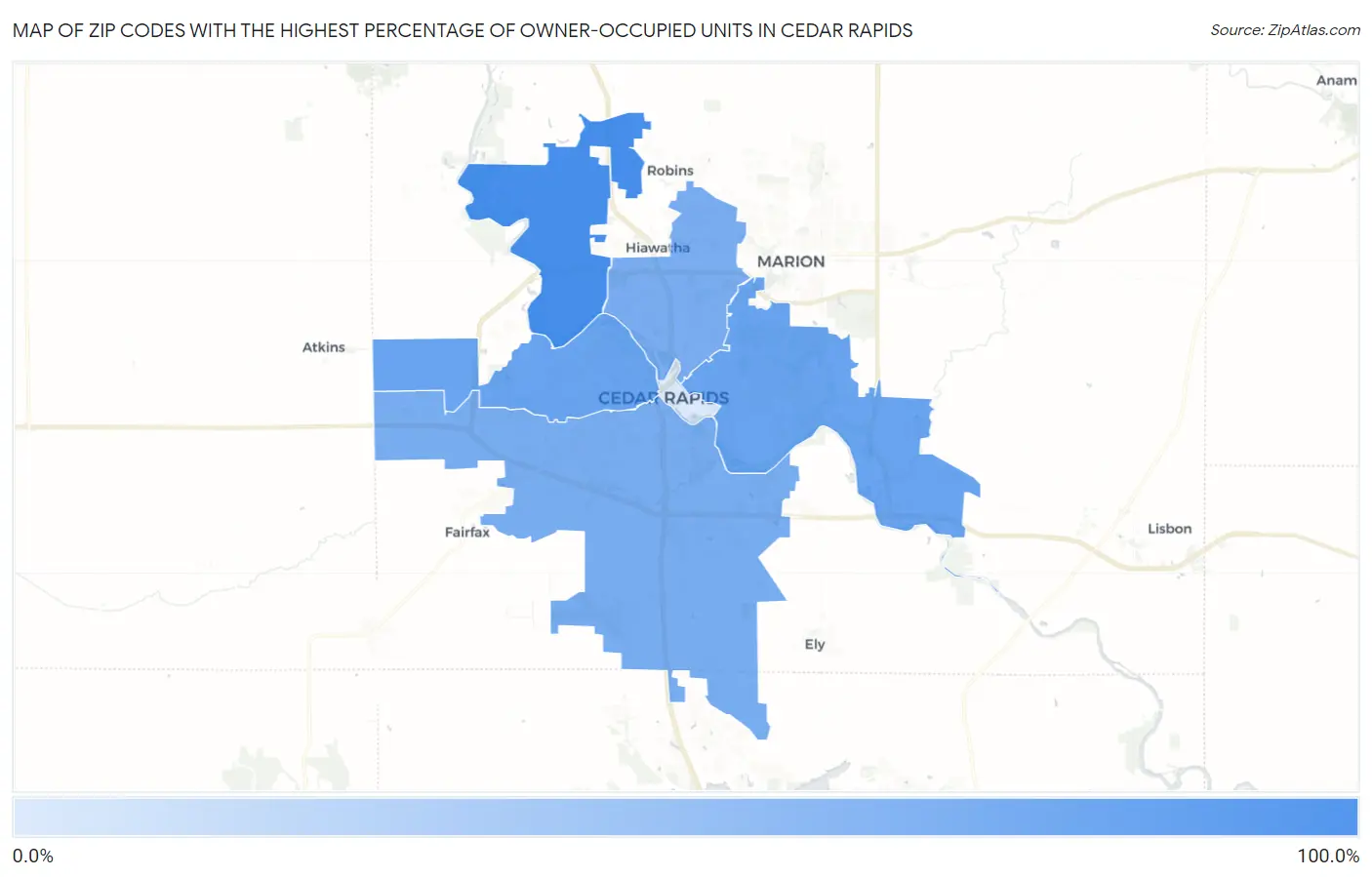 Zip Codes with the Highest Percentage of Owner-Occupied Units in Cedar Rapids Map