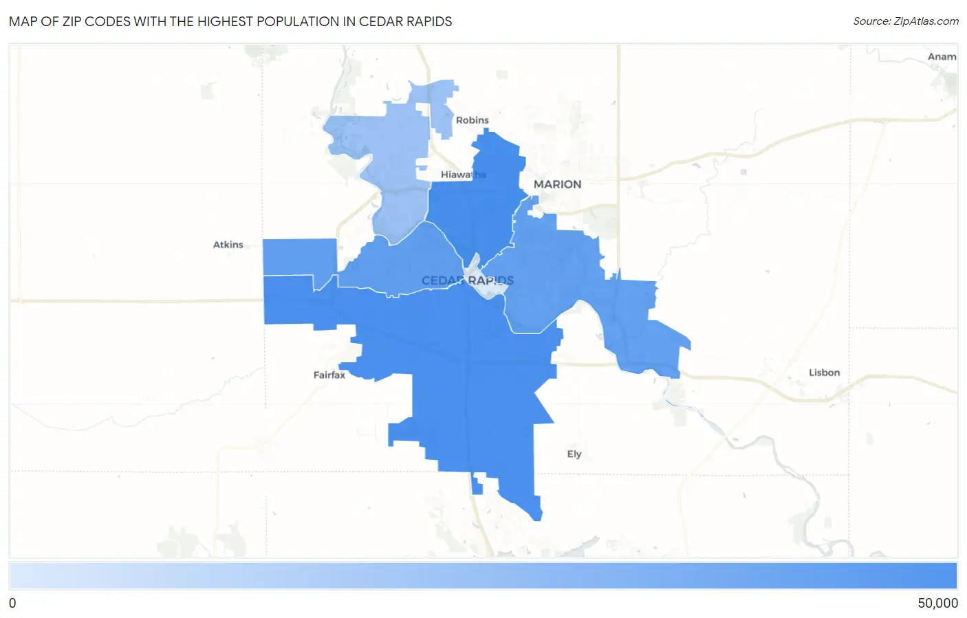 Zip Codes with the Highest Population in Cedar Rapids Map