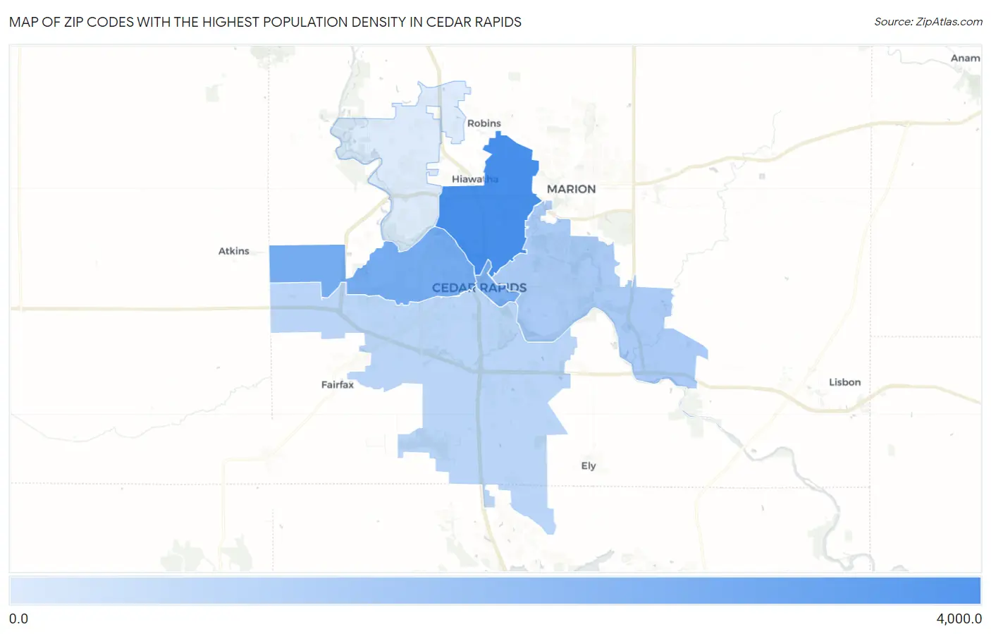 Zip Codes with the Highest Population Density in Cedar Rapids Map