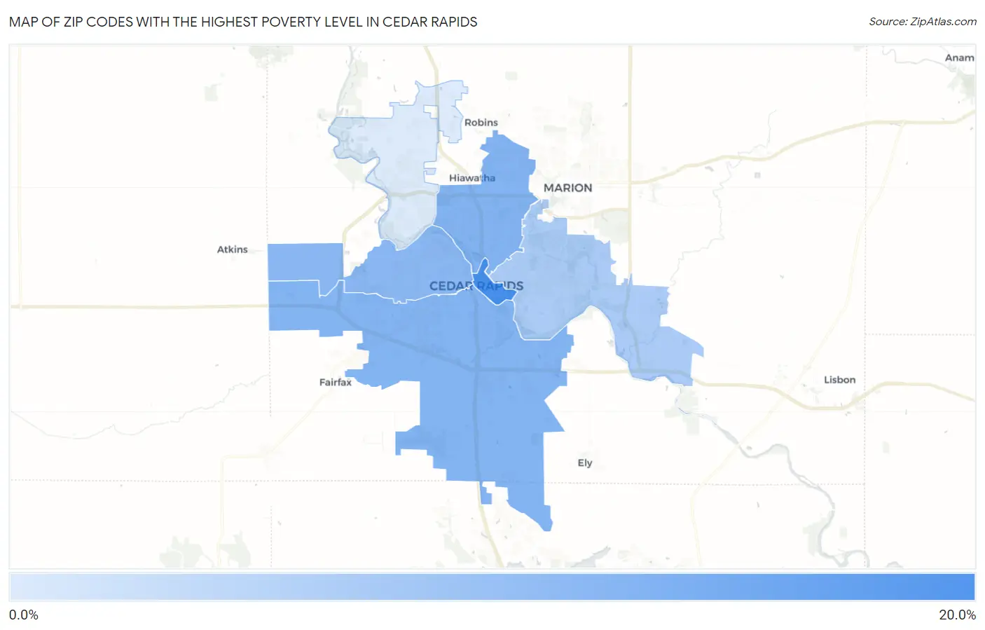 Zip Codes with the Highest Poverty Level in Cedar Rapids Map