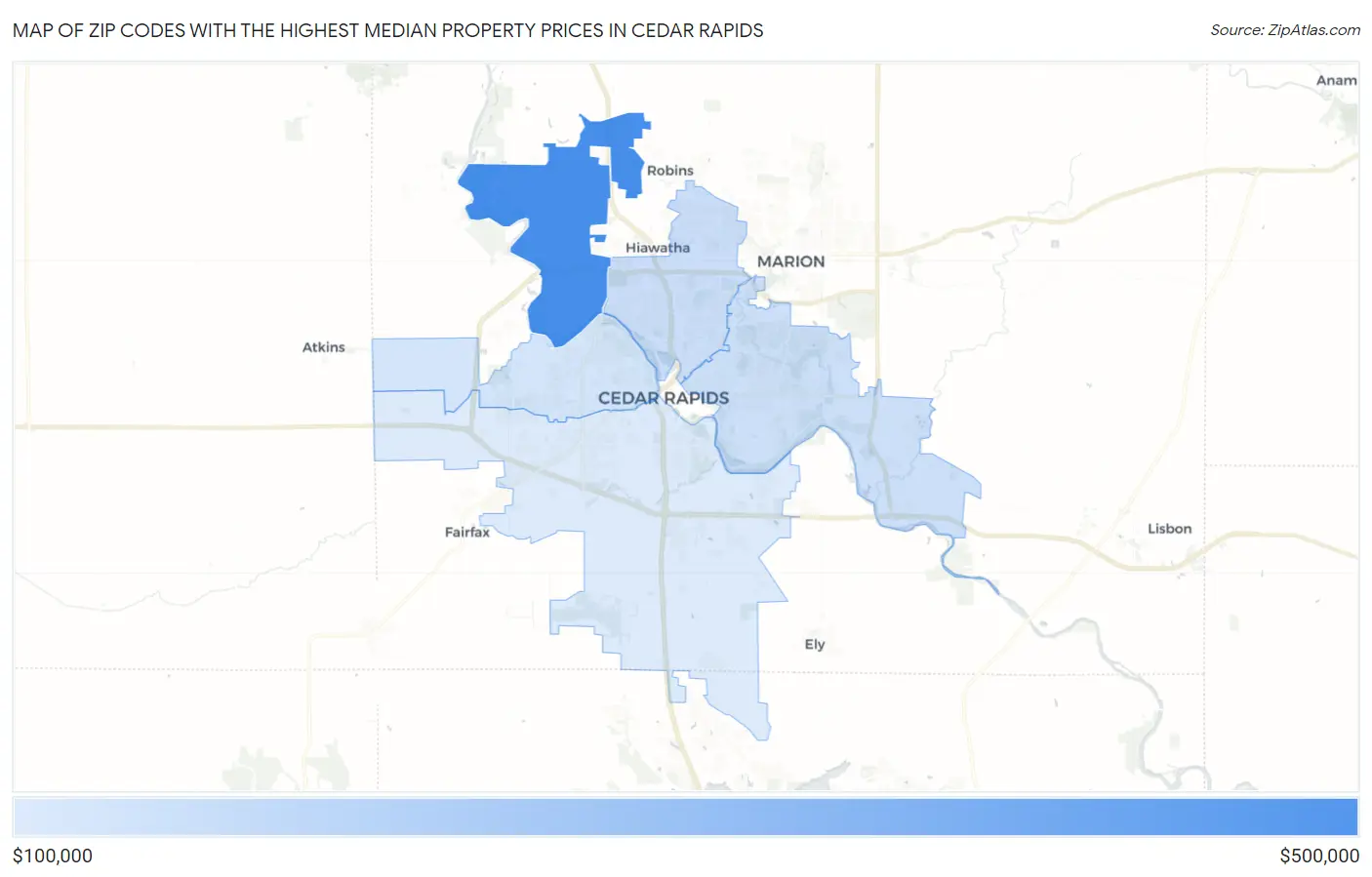 Zip Codes with the Highest Median Property Prices in Cedar Rapids Map