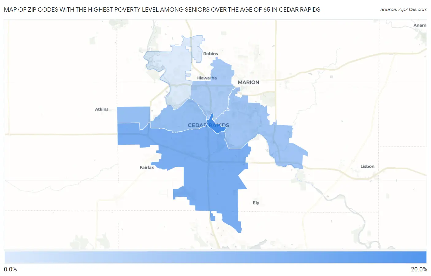 Zip Codes with the Highest Poverty Level Among Seniors Over the Age of 65 in Cedar Rapids Map