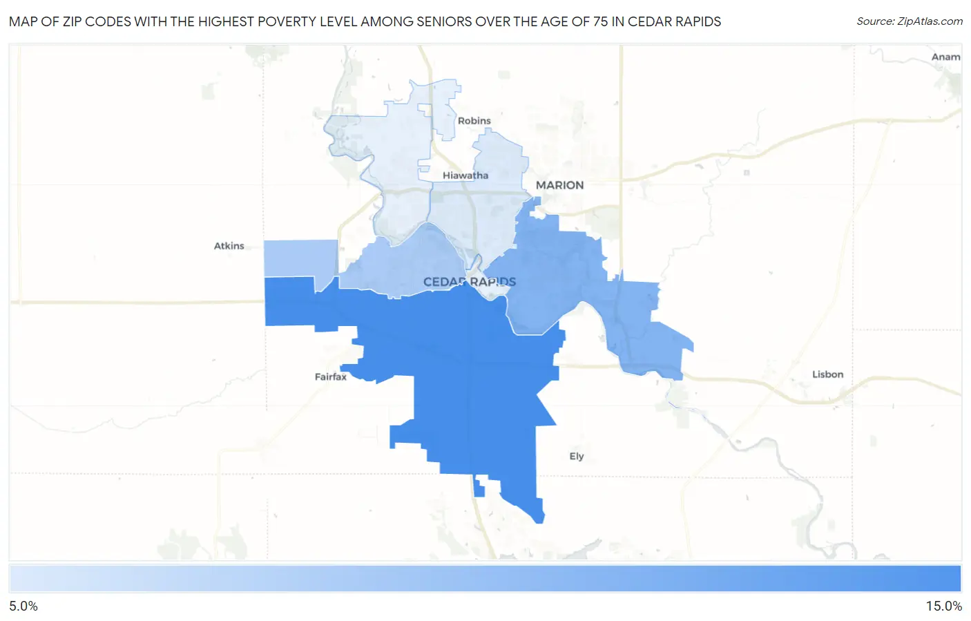 Zip Codes with the Highest Poverty Level Among Seniors Over the Age of 75 in Cedar Rapids Map
