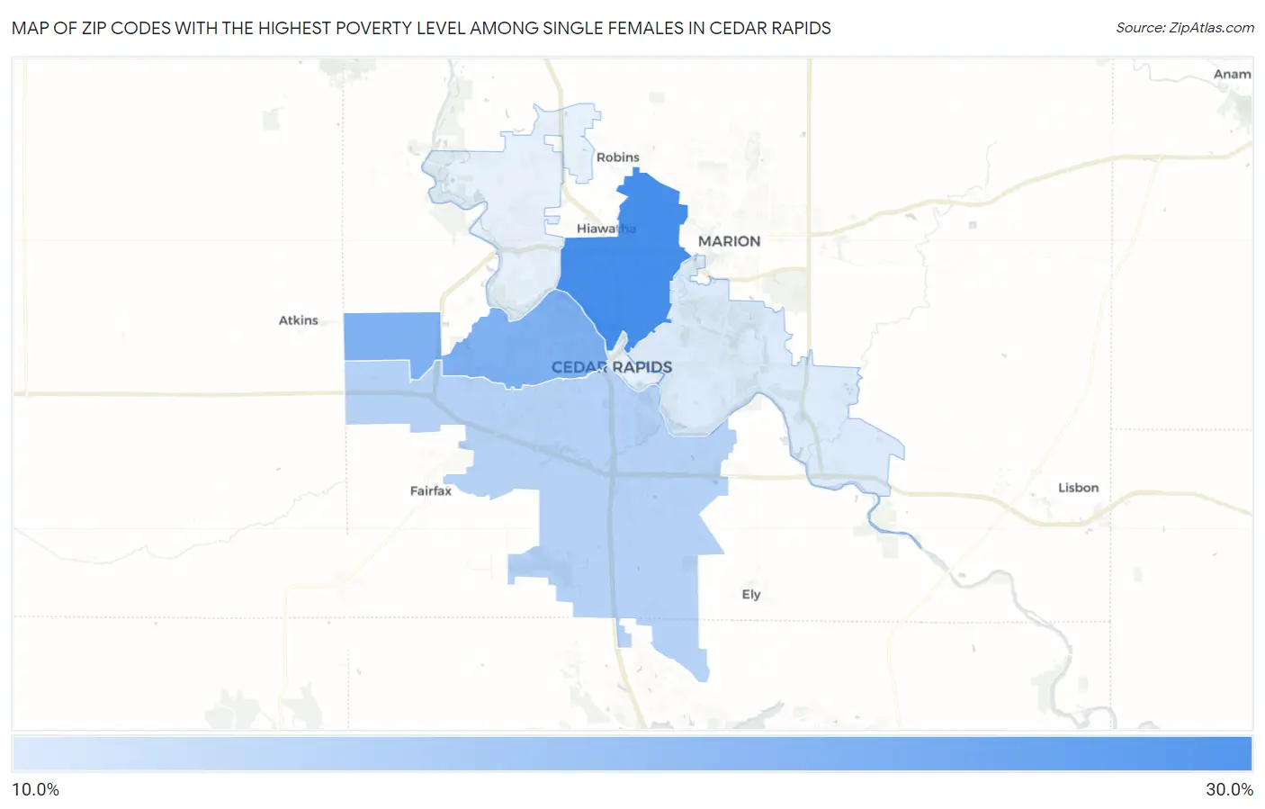 Zip Codes with the Highest Poverty Level Among Single Females in Cedar Rapids Map