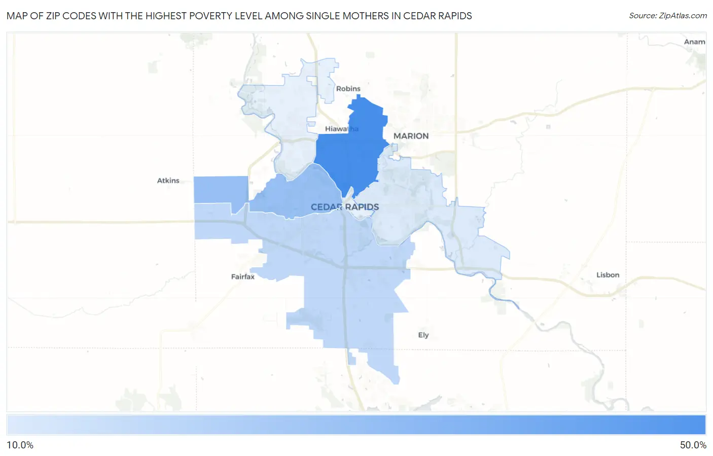 Zip Codes with the Highest Poverty Level Among Single Mothers in Cedar Rapids Map