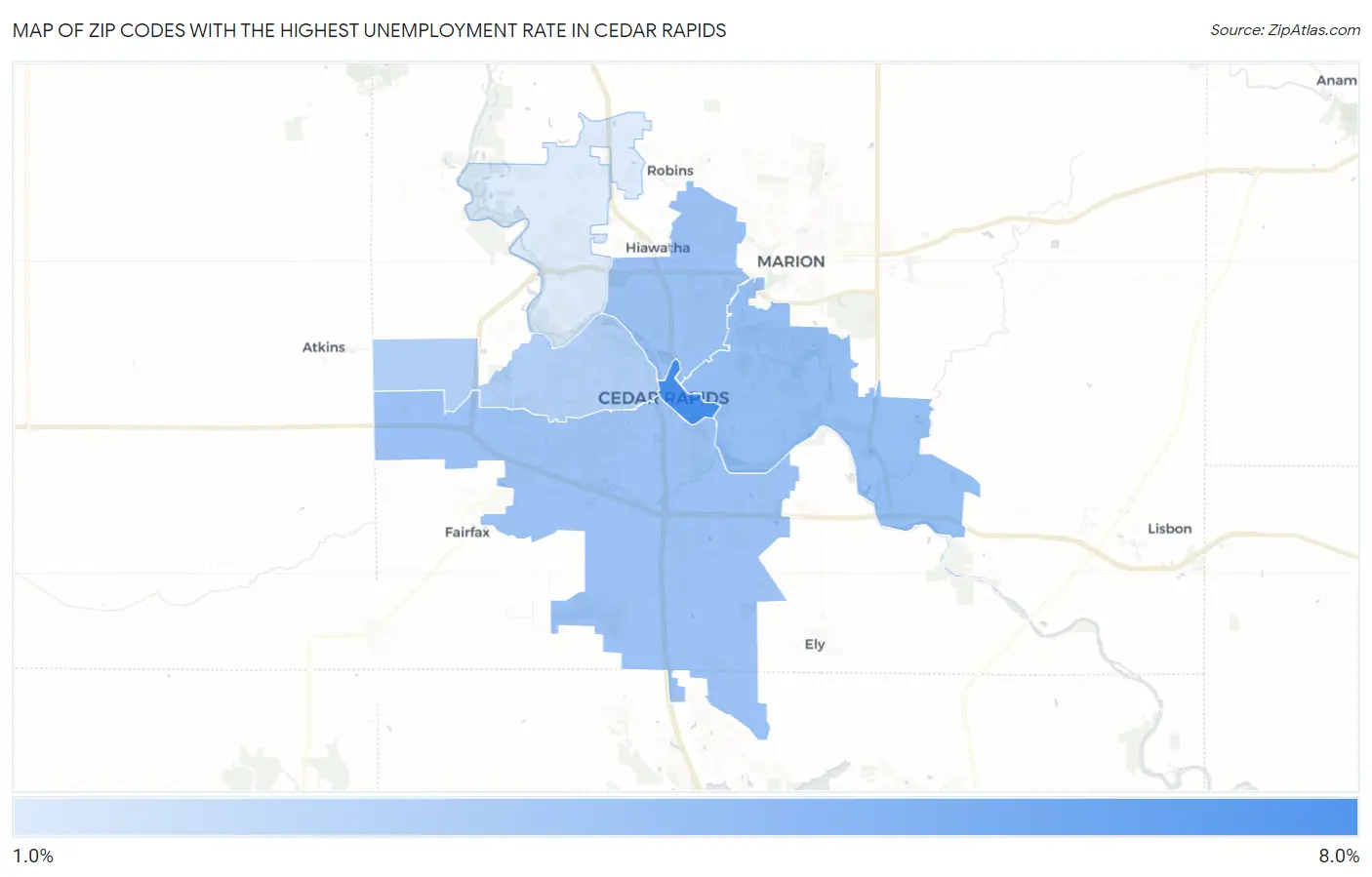 Zip Codes with the Highest Unemployment Rate in Cedar Rapids Map