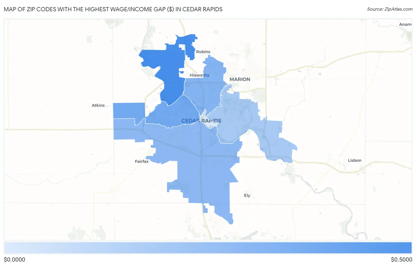 Zip Codes with the Highest Wage/Income Gap ($) in Cedar Rapids Map