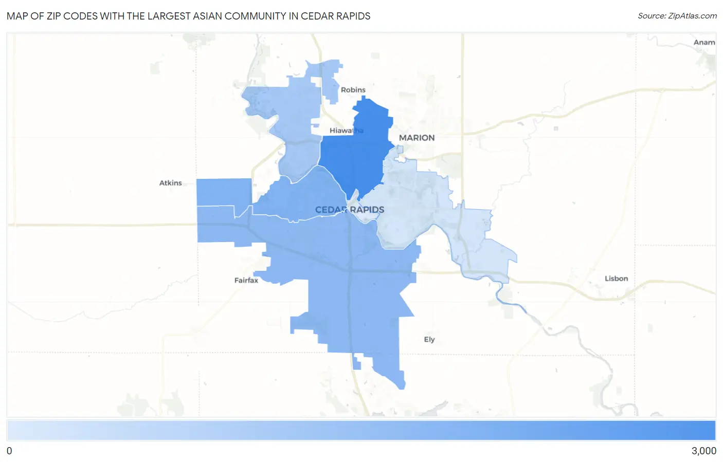 Zip Codes with the Largest Asian Community in Cedar Rapids Map