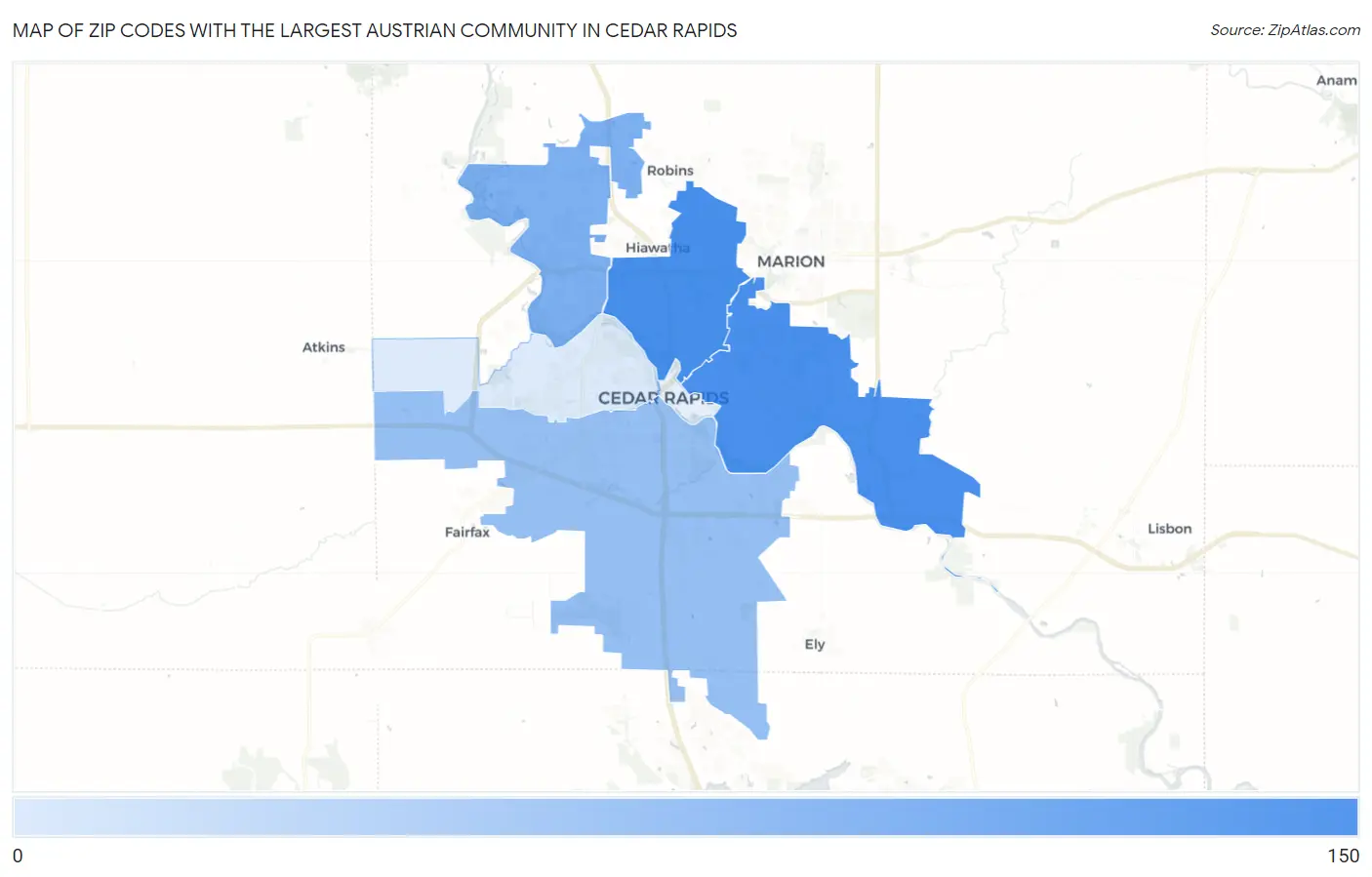 Zip Codes with the Largest Austrian Community in Cedar Rapids Map