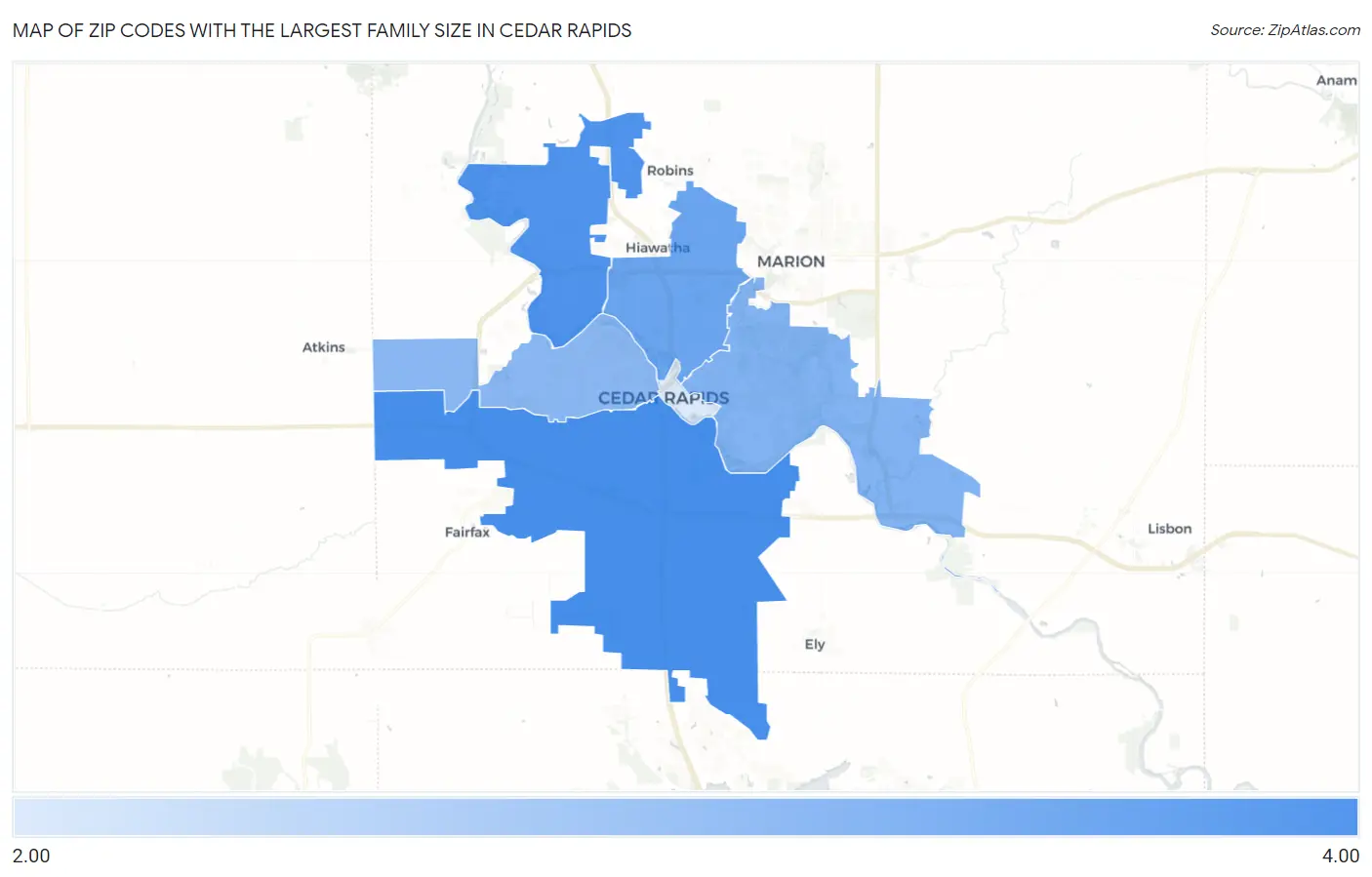 Zip Codes with the Largest Family Size in Cedar Rapids Map