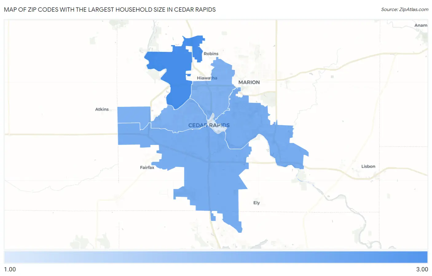Zip Codes with the Largest Household Size in Cedar Rapids Map