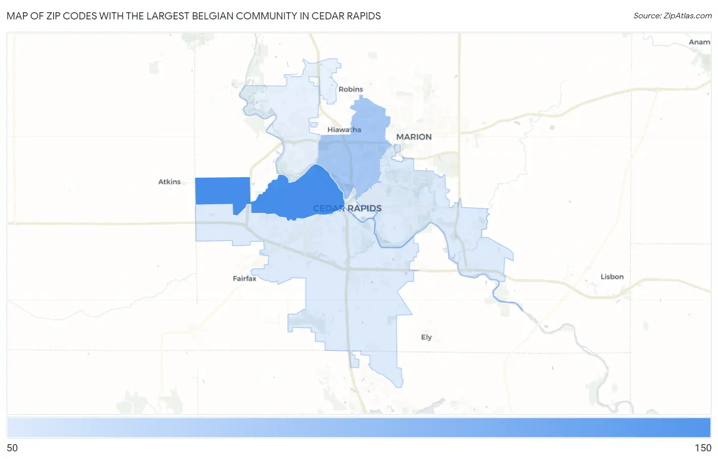 Zip Codes with the Largest Belgian Community in Cedar Rapids Map