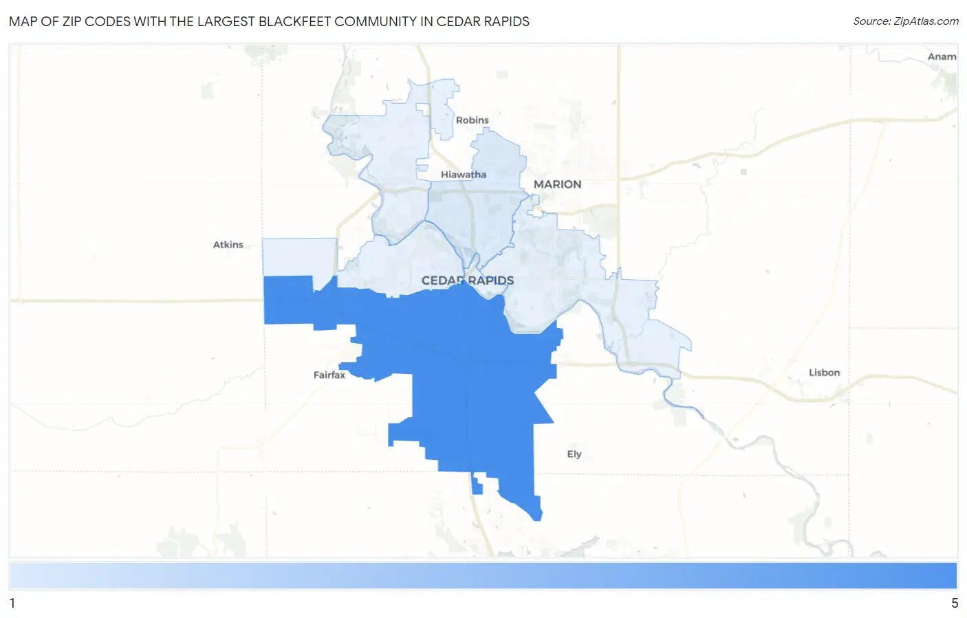 Zip Codes with the Largest Blackfeet Community in Cedar Rapids Map