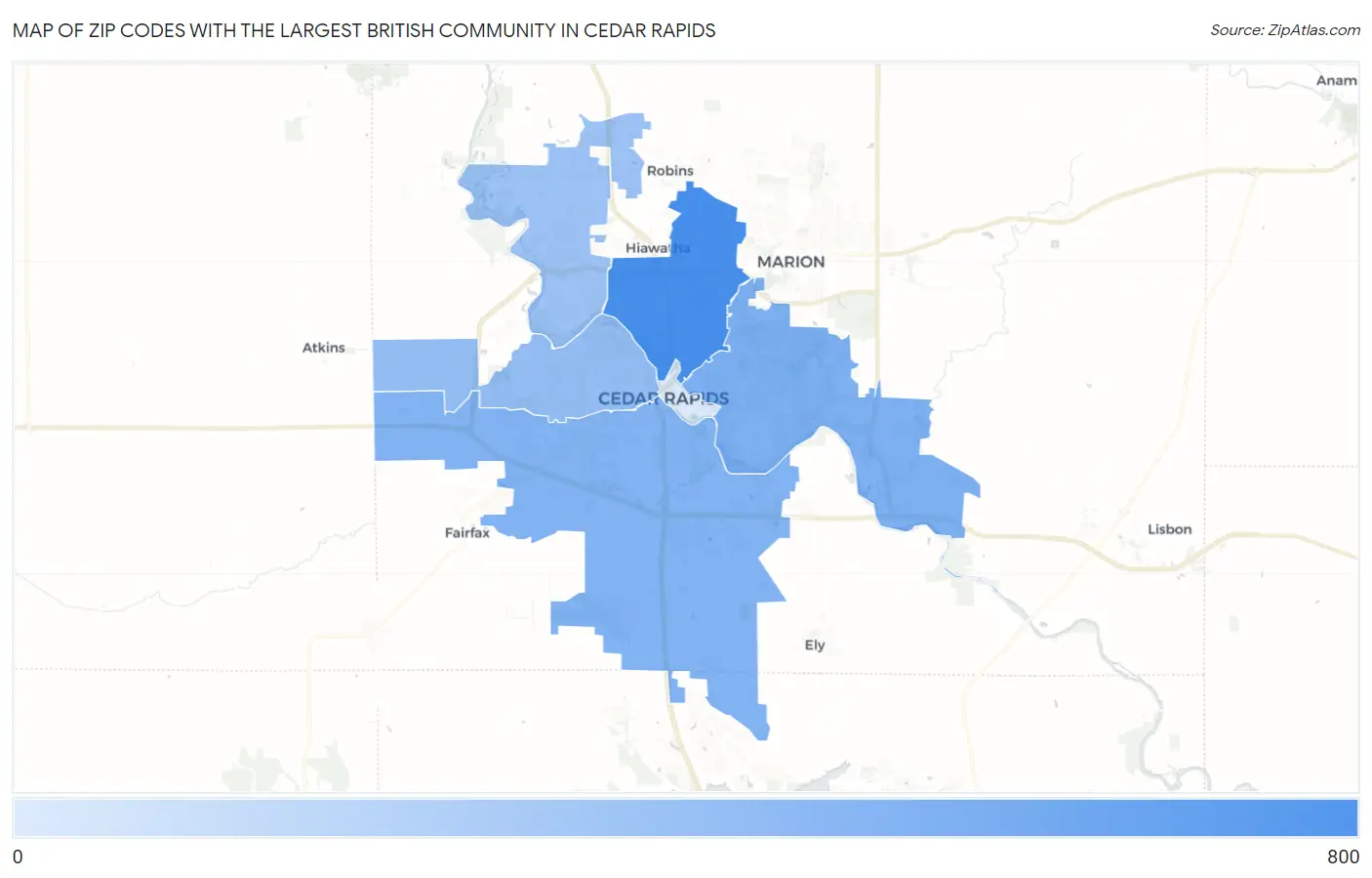 Zip Codes with the Largest British Community in Cedar Rapids Map