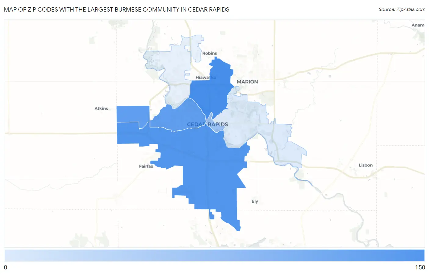 Zip Codes with the Largest Burmese Community in Cedar Rapids Map