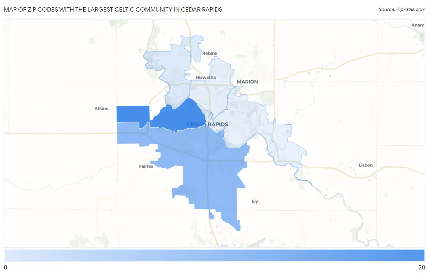 Zip Codes with the Largest Celtic Community in Cedar Rapids Map