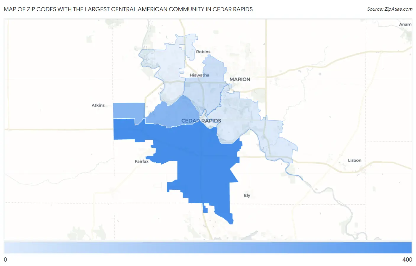Zip Codes with the Largest Central American Community in Cedar Rapids Map