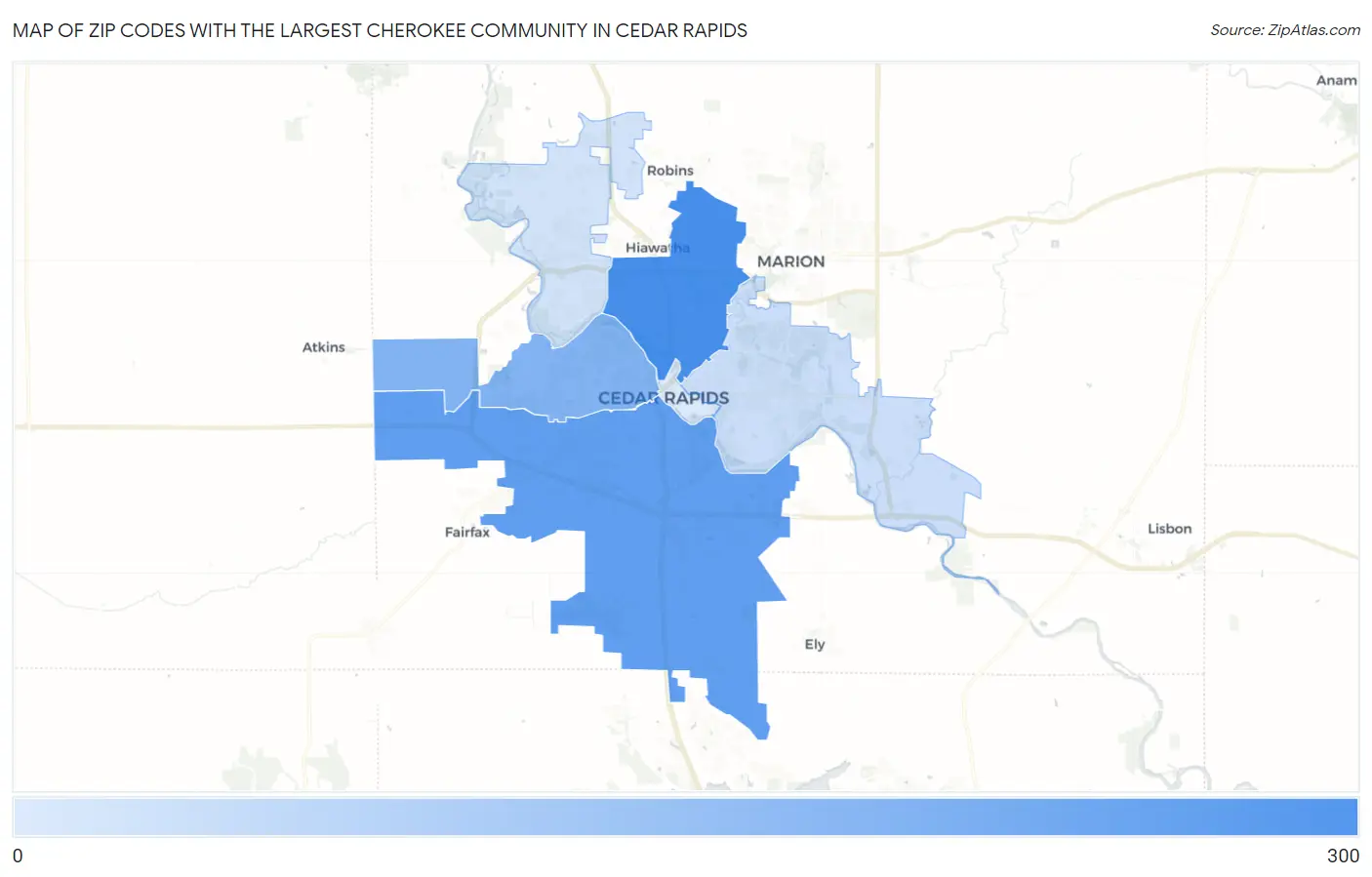 Zip Codes with the Largest Cherokee Community in Cedar Rapids Map