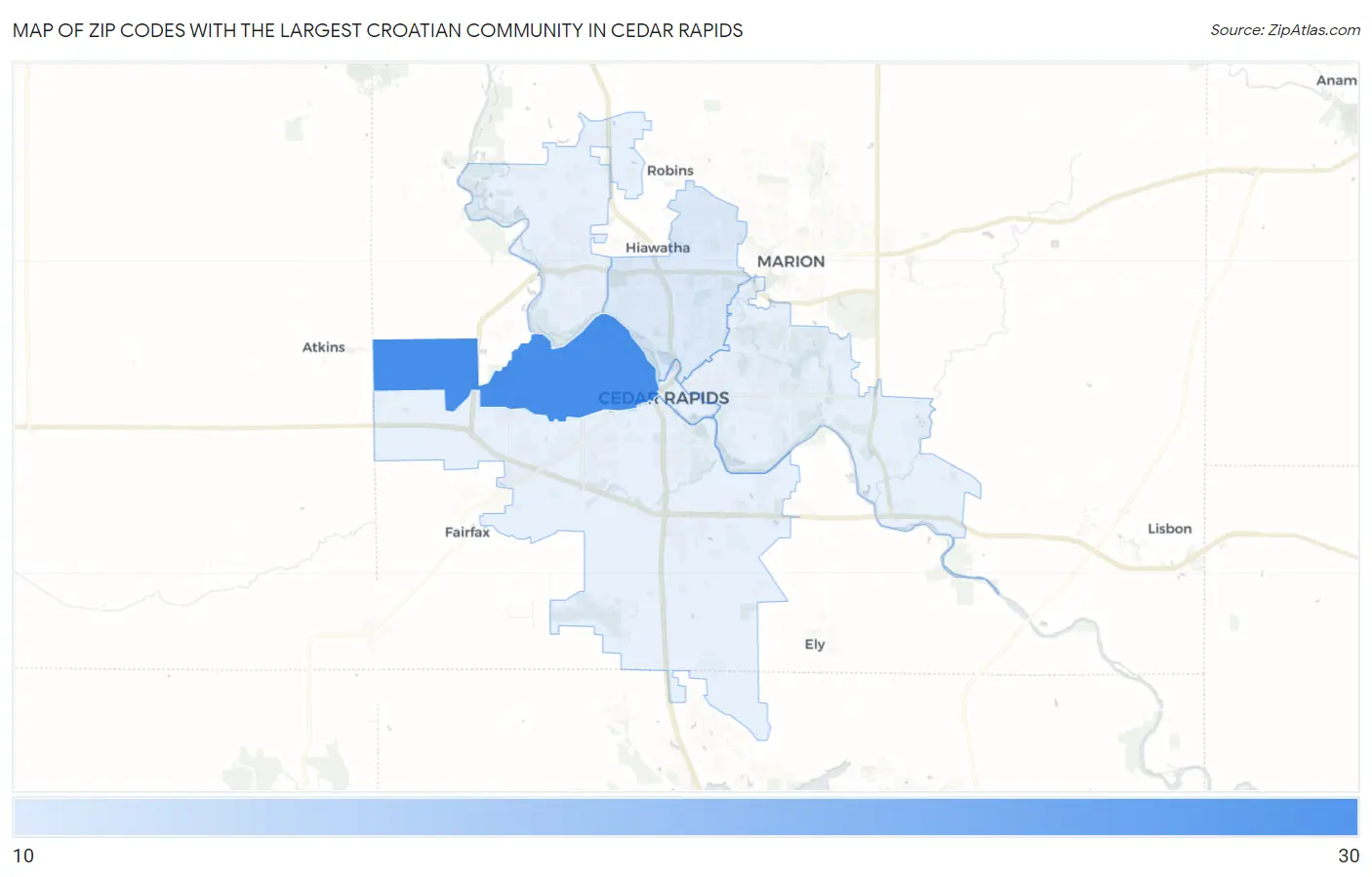 Zip Codes with the Largest Croatian Community in Cedar Rapids Map